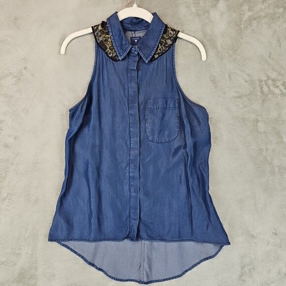 Guess Tops - Guess Button Up Sleeveless Tunic Womens Size S Blue Chambray Beaded Lace Lyocell